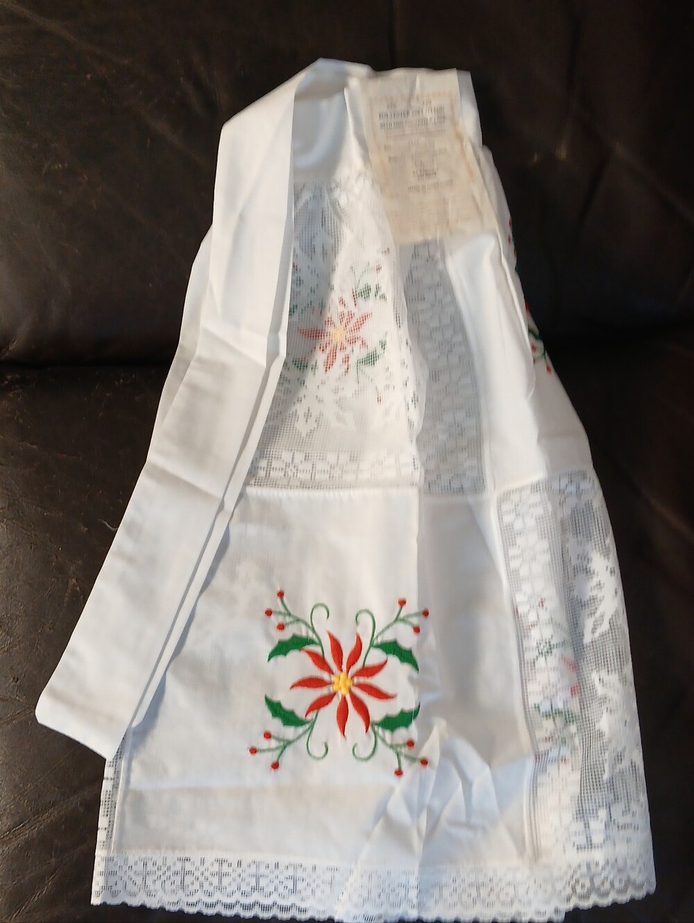 Vintage Half Apron Christmas Poinsettia Embroidered Lace Panels Border Bardwil